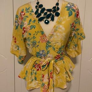 Anthropologie’s Yumi Kim 100% silk floral kimono style wrap blouse